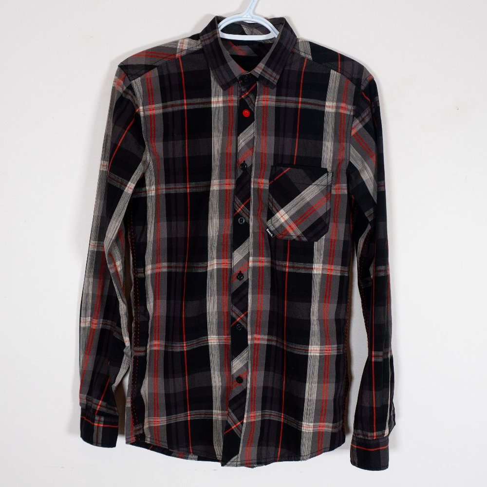 Bench Men’s Plaid Button Down Shirt Size Small Black Red Gray Long Sleeve - Picture 2 of 9